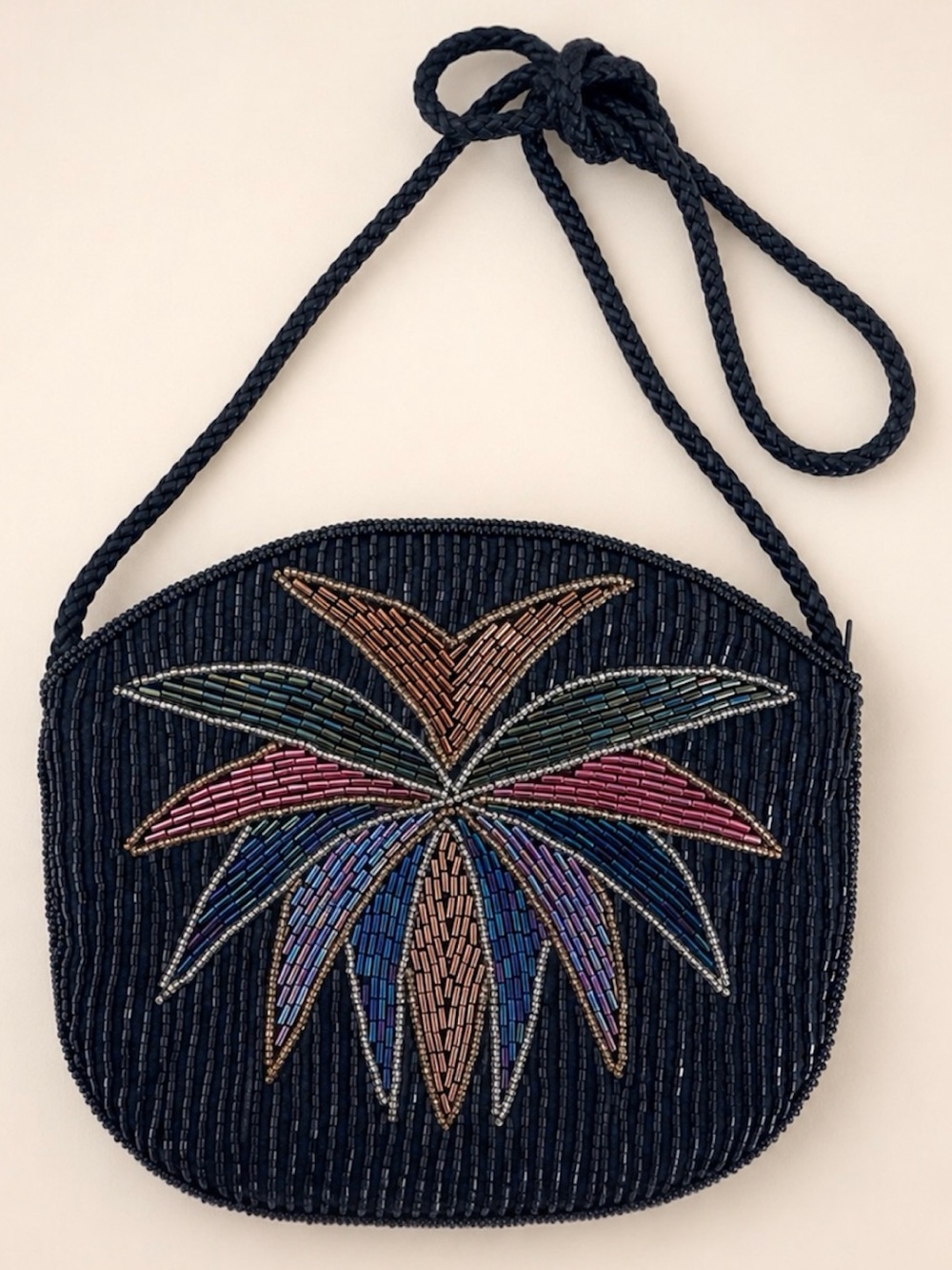 Vintage Goldco Art Deco Beaded Palm Bag – Black Multicolour Crossbody Purse